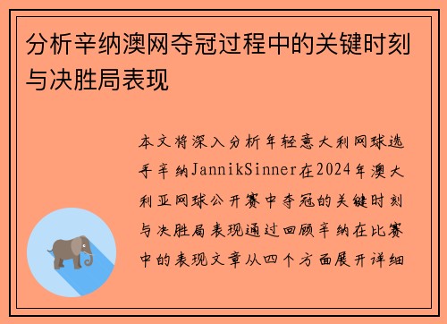 分析辛纳澳网夺冠过程中的关键时刻与决胜局表现
