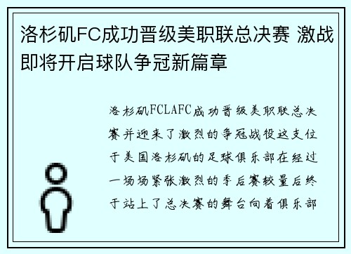 洛杉矶FC成功晋级美职联总决赛 激战即将开启球队争冠新篇章